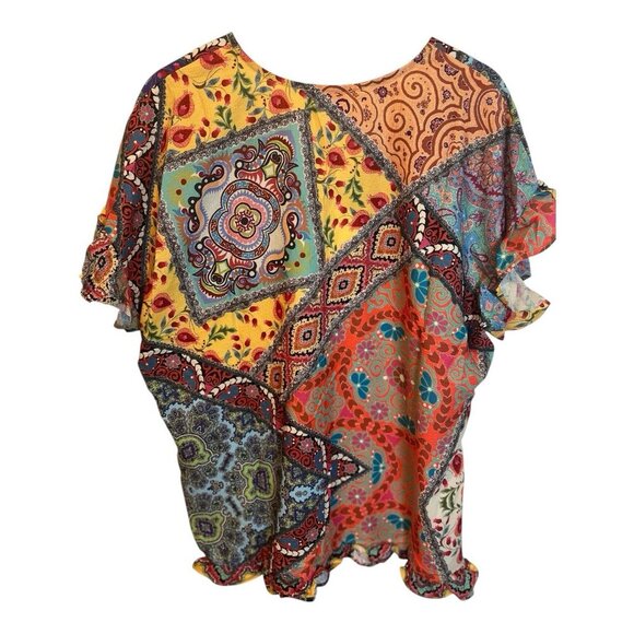 Umgee Mix Print Top Ruffled Short Sleeves XL Mango Mix V-Neck Boho Side Slits - Picture 5 of 9